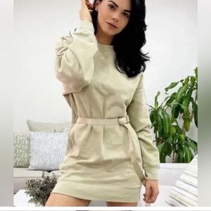 ALO Yoga Beige Long Sleeve Belted Sweatshirt Dress